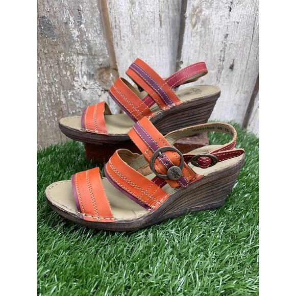 FLY London Salm Wedge Sandals Strappy Slingback Rust Red Purple Sandals NWT EU38 - Picture 1 of 12